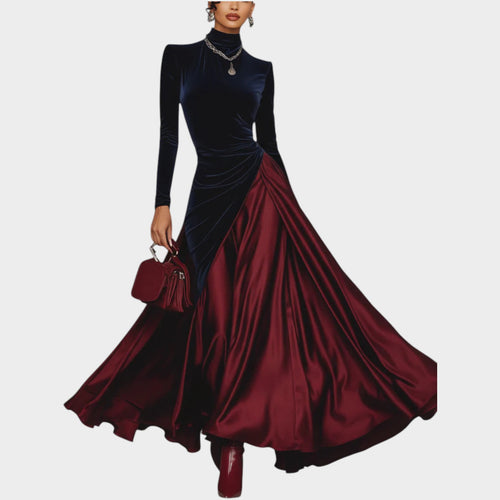Women’s Long Dress Velvet Satin Two Tone Style