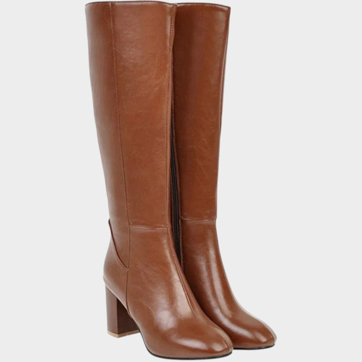 Knee High Block Heel Leather Zip Boots