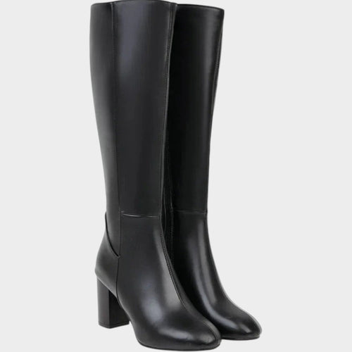 Knee High Block Heel Leather Zip Boots