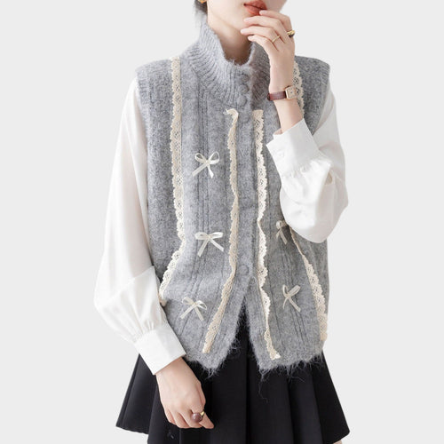 Women's Stand Collar Vest Lace Patchwork Design