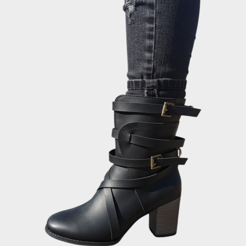 Women's Leather Ankle Boots Strappy Buckle Block Heel