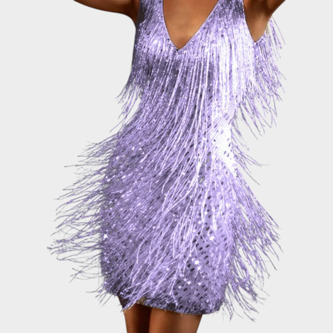 Women’s Mini Cocktail Dress Glitter Sleeveless Fringe Detail