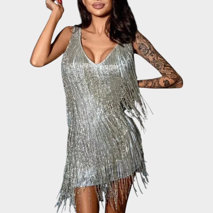 Women’s Mini Cocktail Dress Glitter Sleeveless Fringe Detail