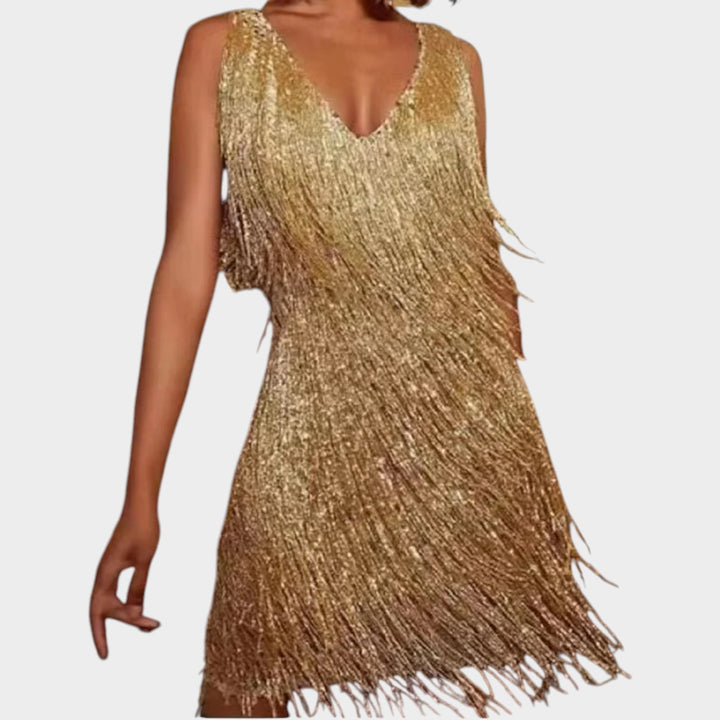 Women’s Mini Cocktail Dress Glitter Sleeveless Fringe Detail