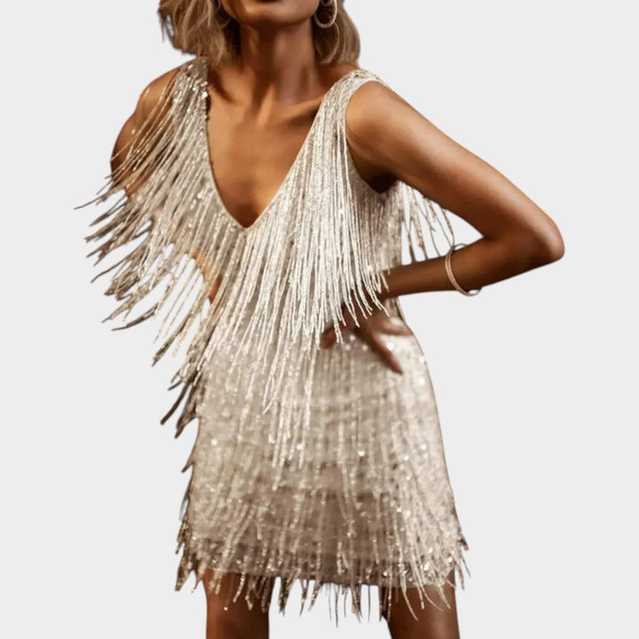 Women’s Mini Cocktail Dress Glitter Sleeveless Fringe Detail
