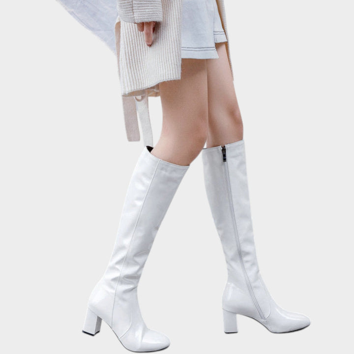 Leather Knee High Block Heel Statement Boots
