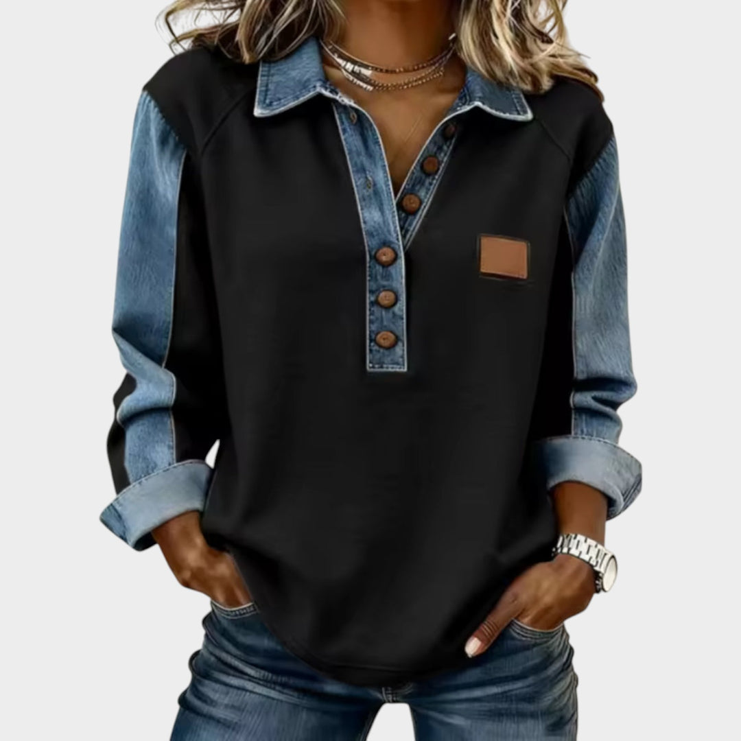 Women’s Polo Knit Sweater Button Detail Casual Fit Denim Trim