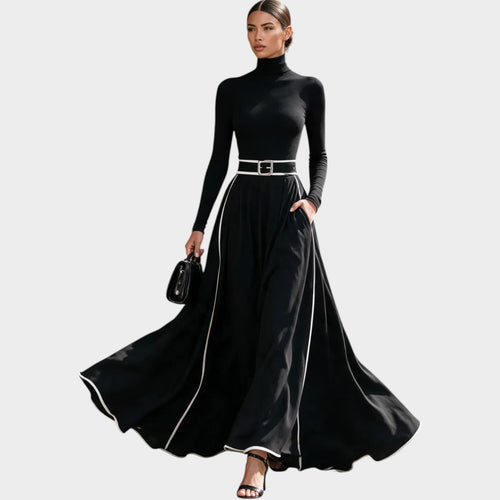 Women's Maxi Dress White Stitching High Neck