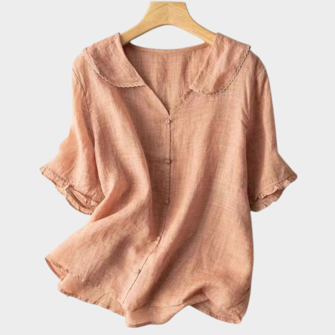 Linen Button-Up Blouse | Peter Pan Collar Casual Top