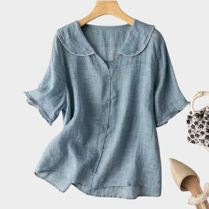 Linen Button-Up Blouse | Peter Pan Collar Casual Top