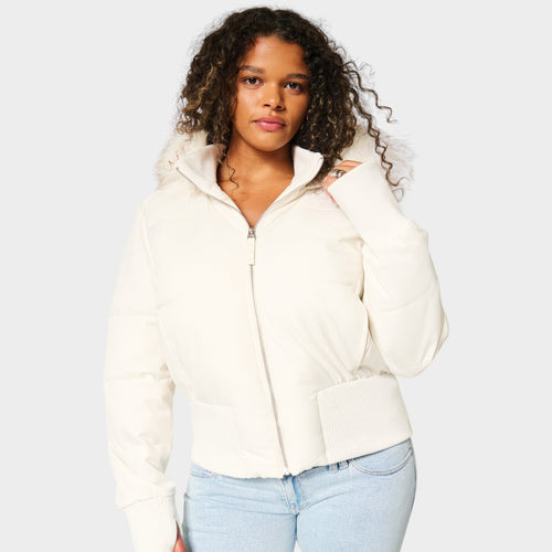 Women's Cropped Puffer Jacket | Faux Fur Hood Winter Coat