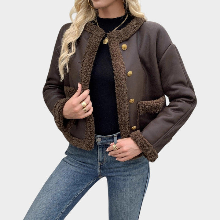 Women’s Leather Jacket Fleece Cropped Casual Front Patch Pockets