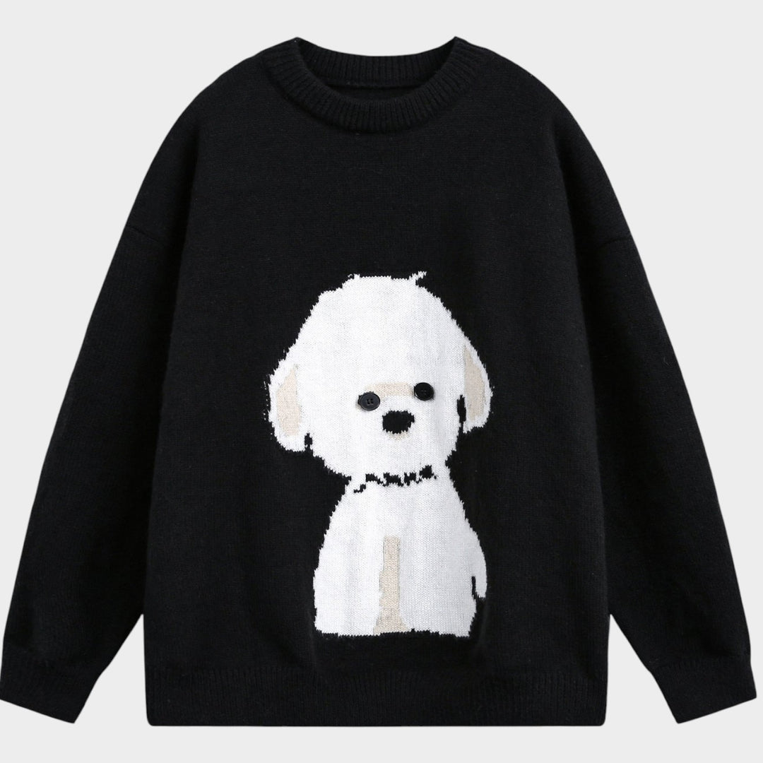 Women’s Knit Sweater Dog Graphic Oversized Crew Neck