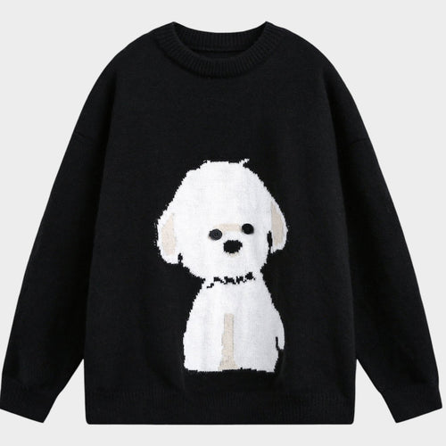 Women’s Knit Sweater Dog Graphic Oversized Crew Neck