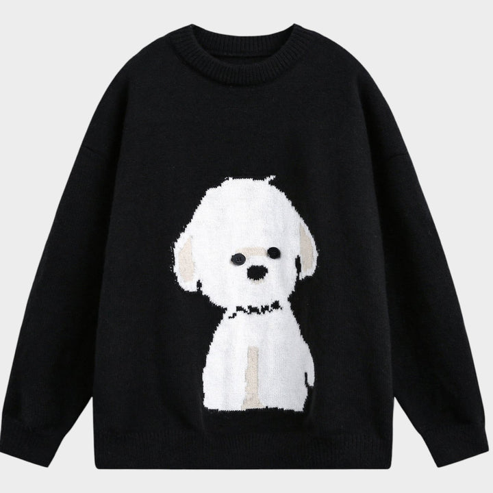 Women’s Knit Sweater Dog Graphic Oversized Crew Neck