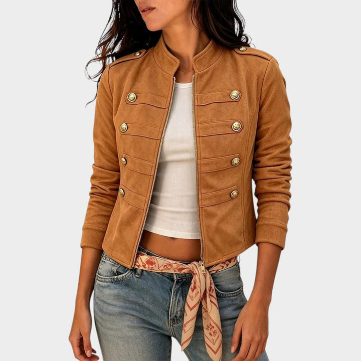 Women’s Suede Jacket Button Front Pocket Detail