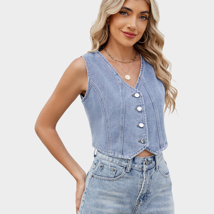 Ladies Cropped Denim Vest with Button Details and Chic Modern Accents