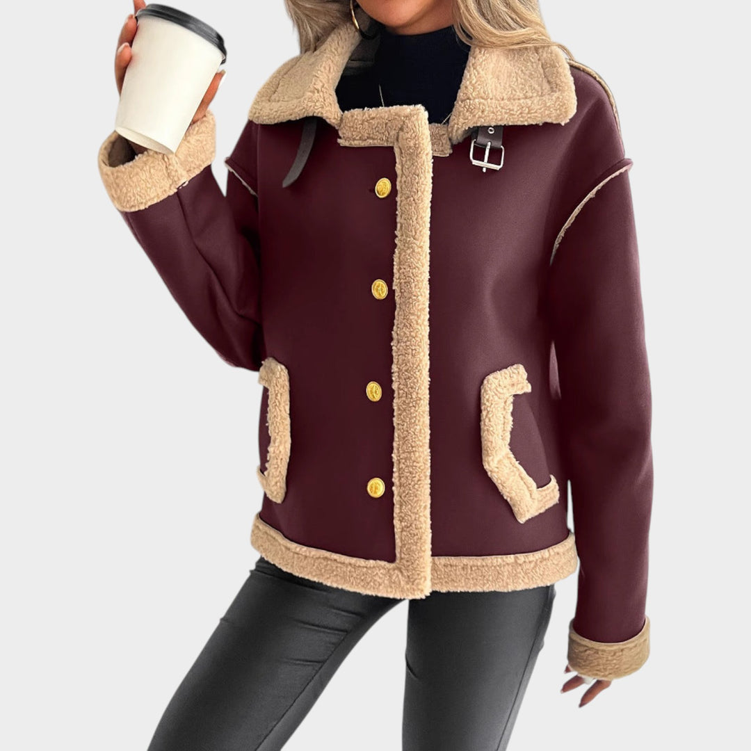 Women’s Fleece Jacket Leather Button Front Side Pockets