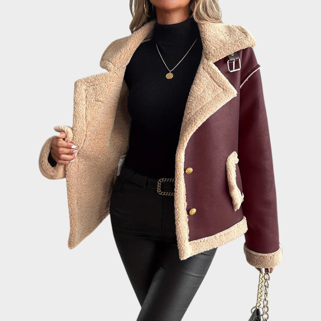 Women’s Fleece Jacket Leather Button Front Side Pockets