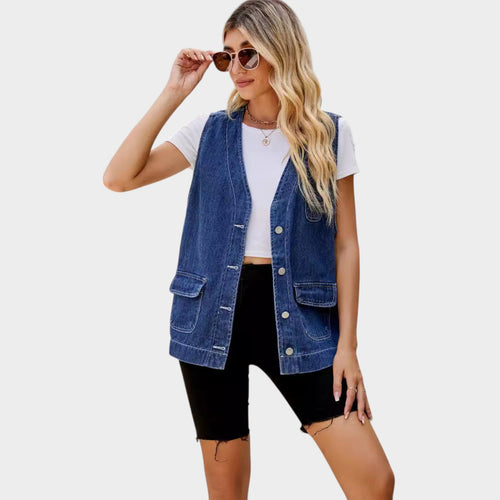 Oversized Casual Design Women's Denim Vest With Practical Pockets And Button Details