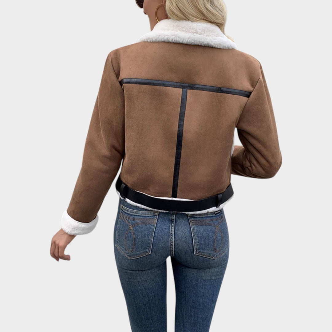 Women’s Fleece Jacket Leather Classic Collar Pocket Detail