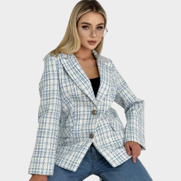 Women’s Tweed Blazer Plaid Elegant Button Detail