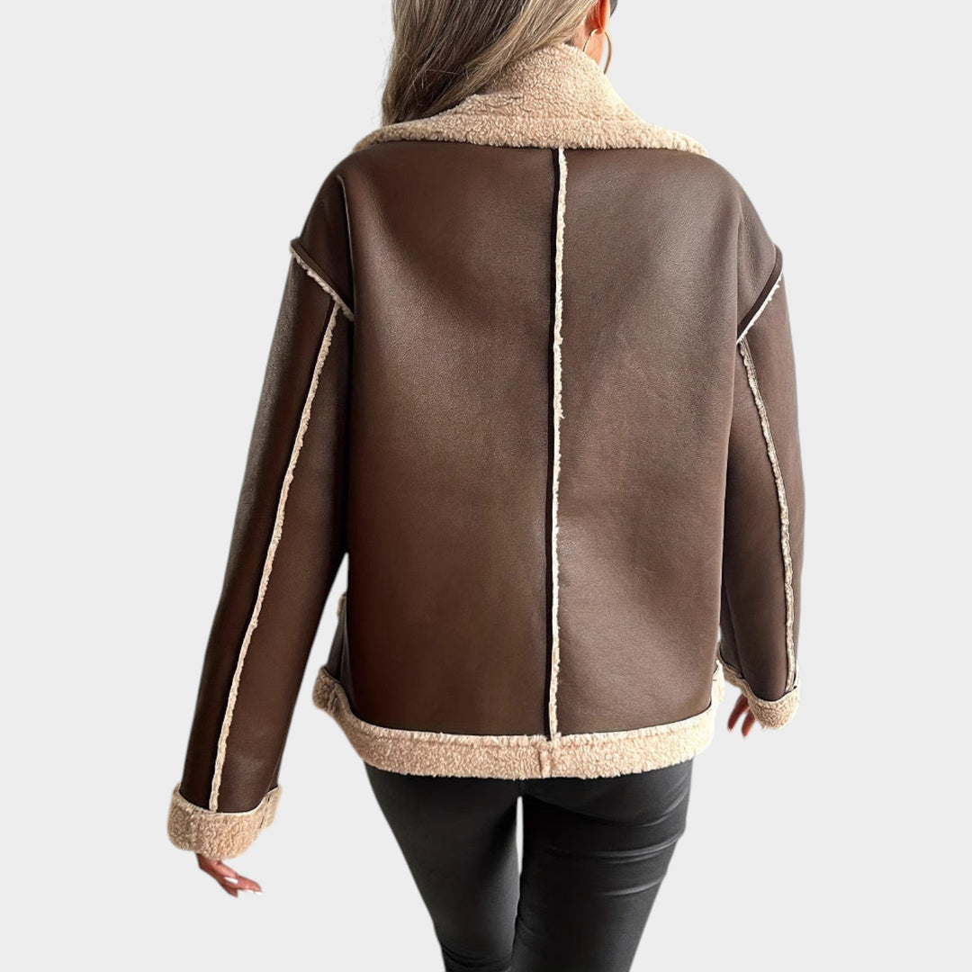 Women’s Fleece Jacket Leather Button Front Side Pockets