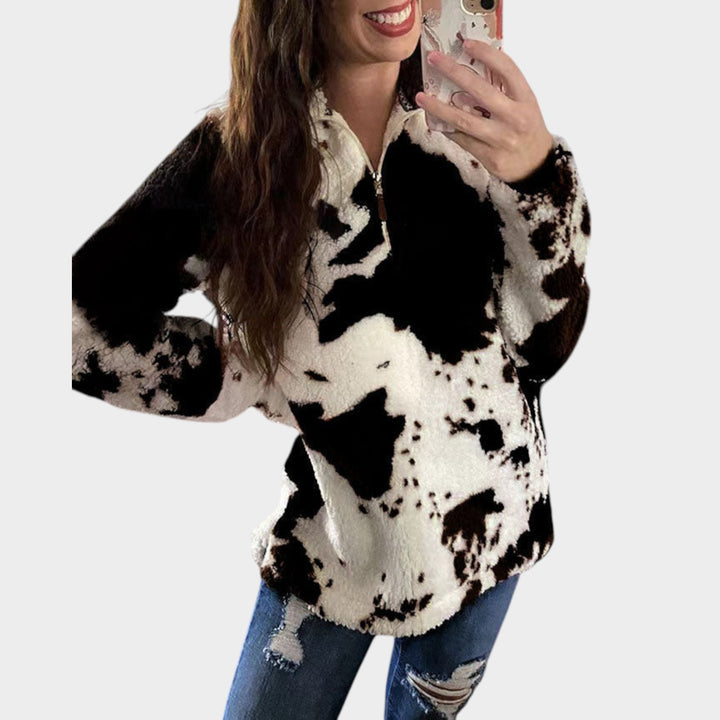 Women’s Quarter Zip Sweater Animal Print Long Sleeve