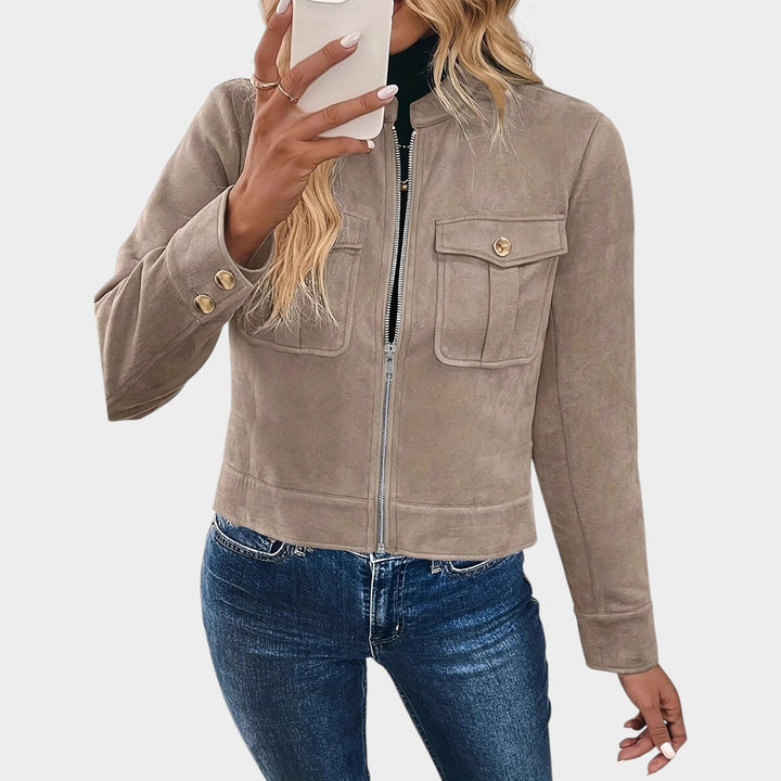 Women’s Suede Cropped Jacket with Zip-Front Closure