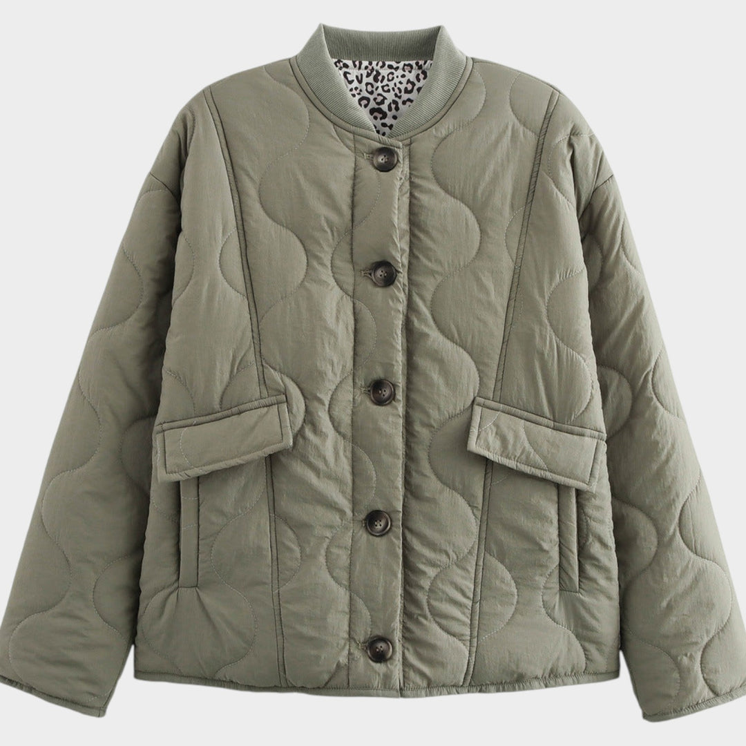 Women’s Quilted Jacket Casual Crew Neck Button Front Pocket