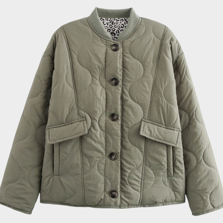 Women’s Quilted Jacket Casual Crew Neck Button Front Pocket