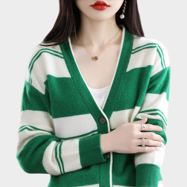 Women’s Knit Cardigan Block Stripe V Neck