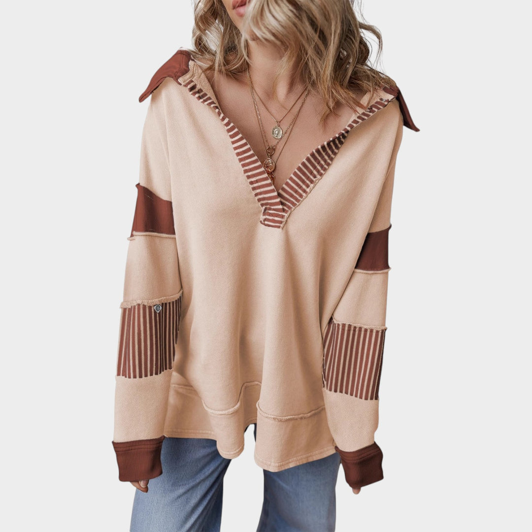 Women’s Knit Sweatshirt V Neck Striped Design