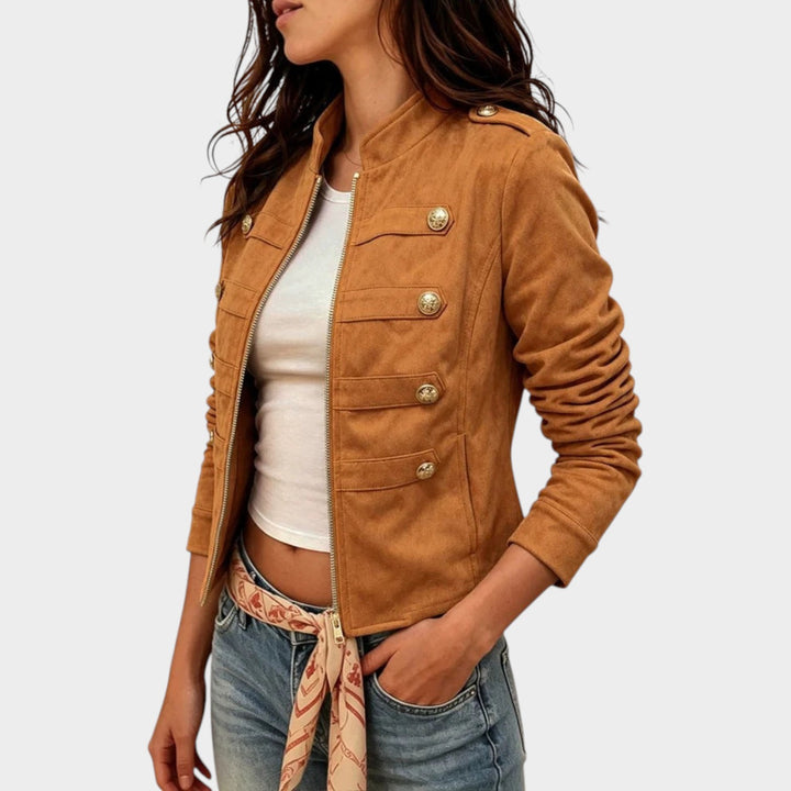 Women’s Suede Jacket Button Front Pocket Detail