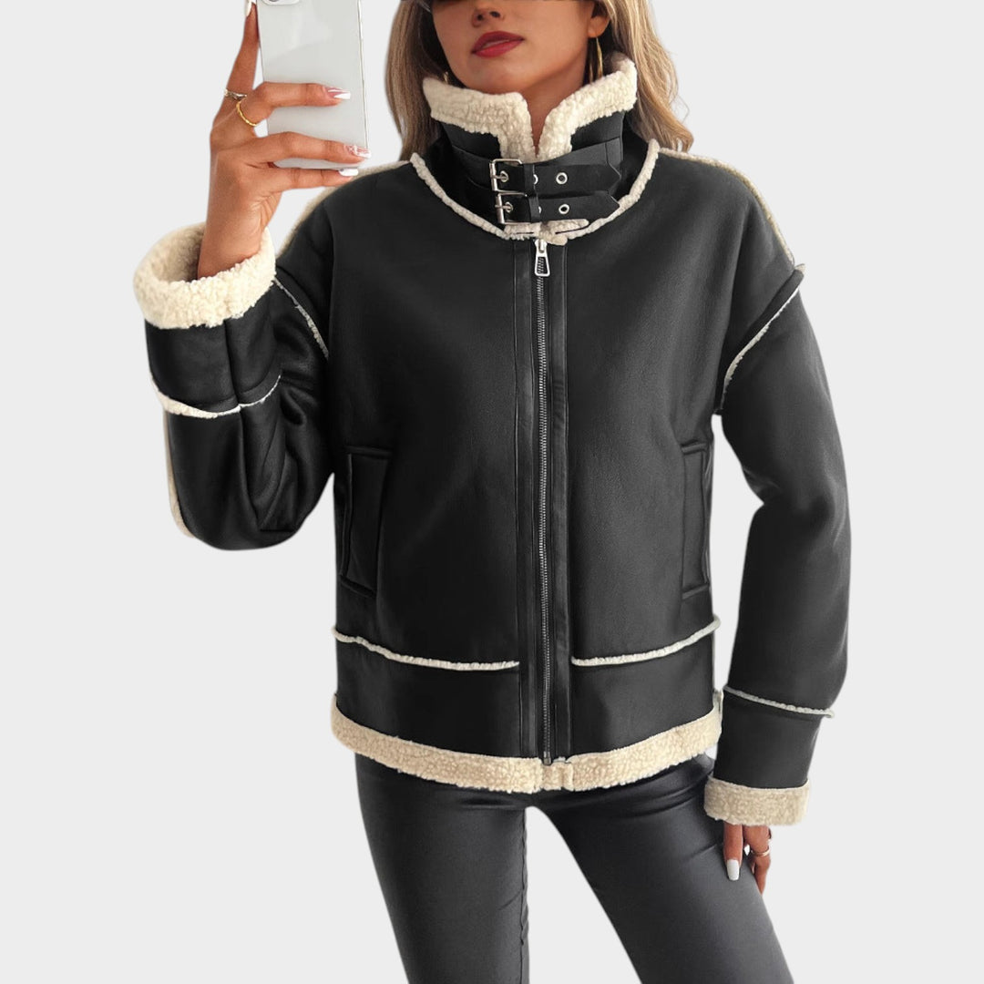 Women’s Leather Jacket Fleece Teddy Lined Zip Front