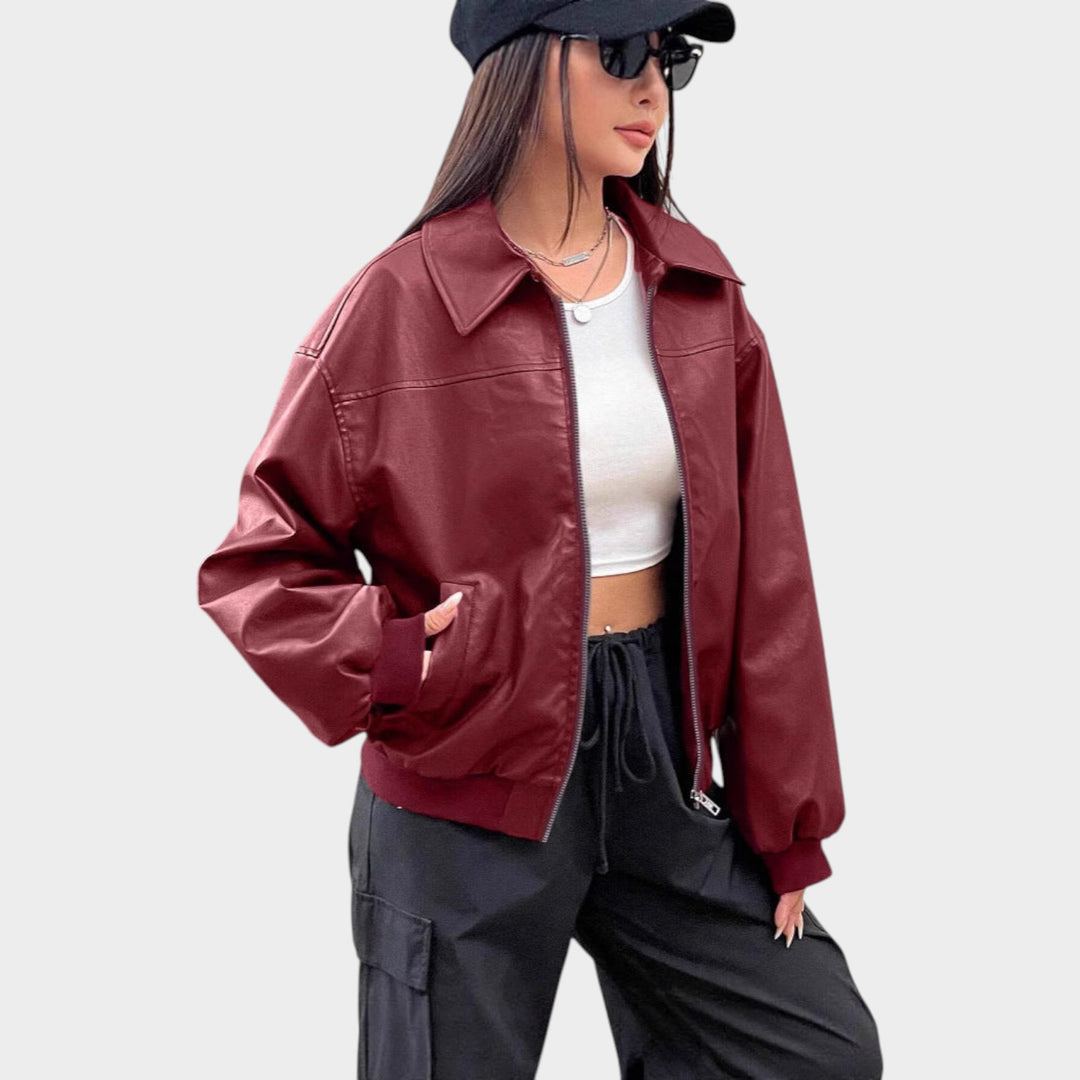 Women’s Leather Bomber Jacket Classic Collar Full Zip
