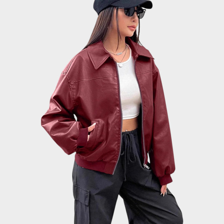 Women’s Leather Bomber Jacket Classic Collar Full Zip