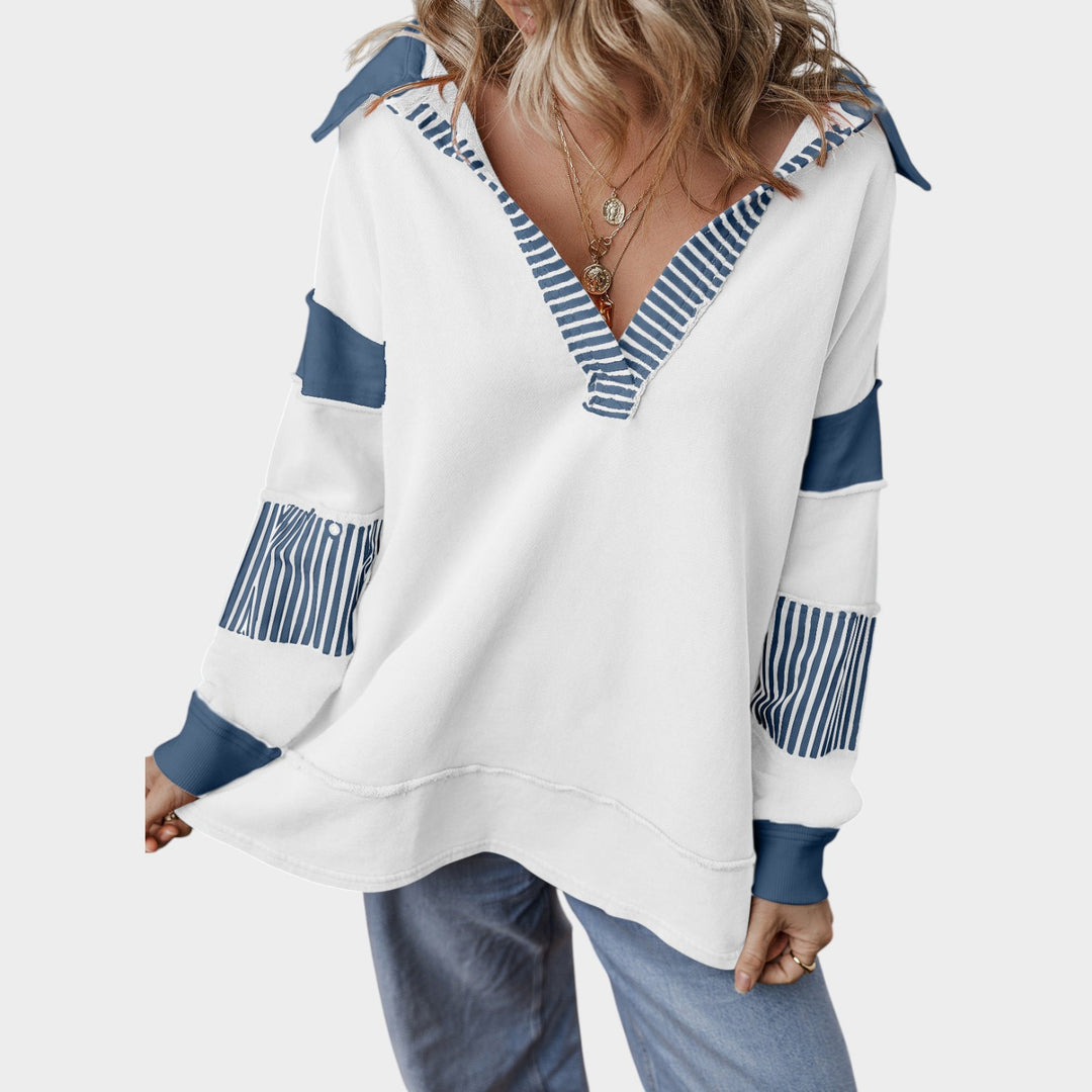 Women’s Knit Sweatshirt V Neck Striped Design