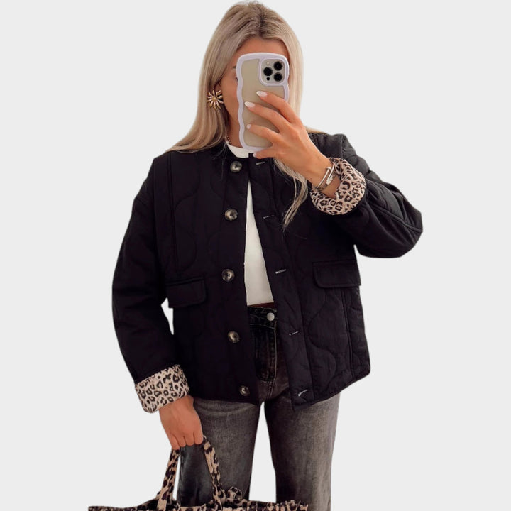 Women’s Quilted Jacket Casual Crew Neck Button Front Pocket