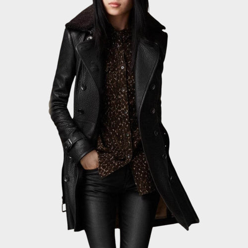Women’s Leather Coat Double Breasted Button Up