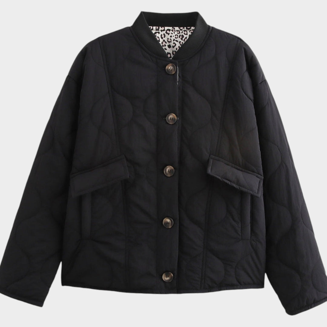 Women’s Quilted Jacket Casual Crew Neck Button Front Pocket