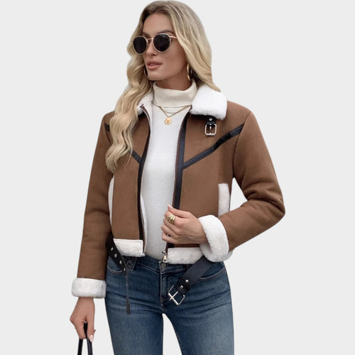Women’s Fleece Jacket Leather Classic Collar Pocket Detail