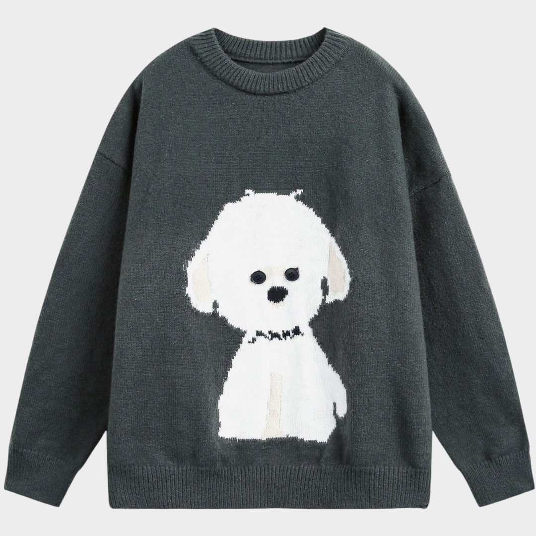 Women’s Knit Sweater Dog Graphic Oversized Crew Neck