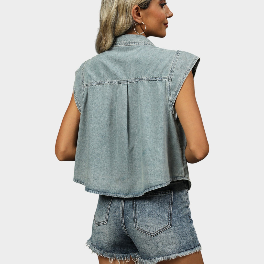 Denim Vest For Women In A Casual Utilitarian Style With Practical Pockets
