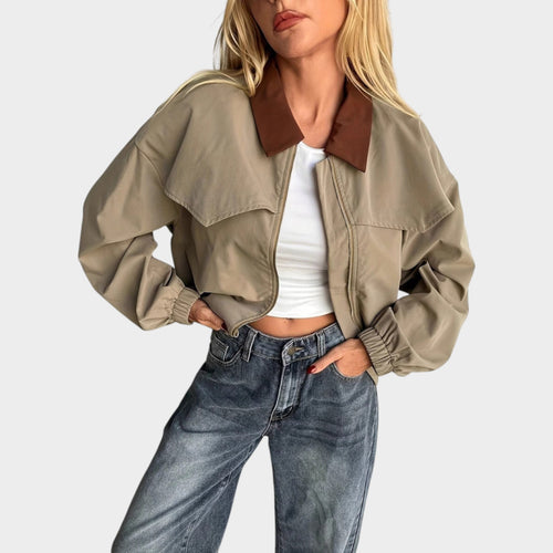 Women’s Casual Bomber Jacket Collar Ribbed Trim