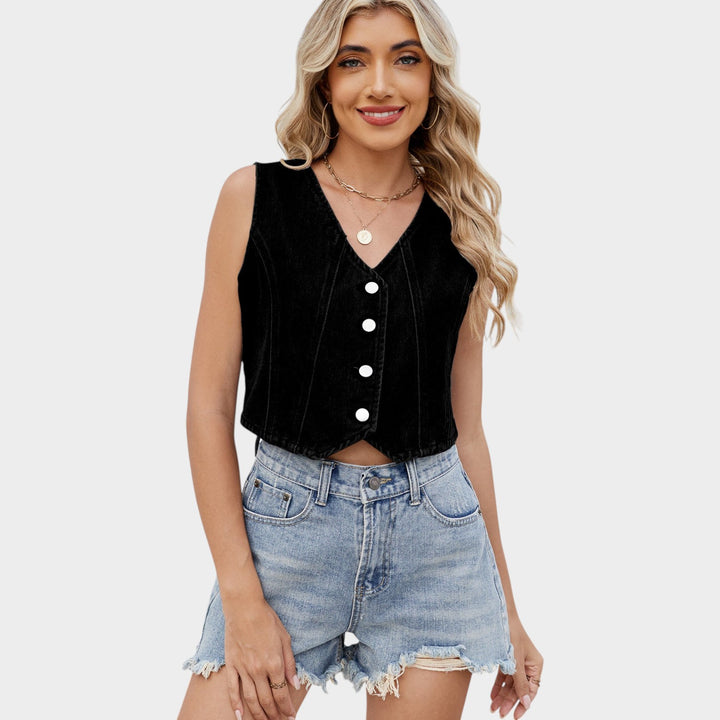 Ladies Cropped Denim Vest with Button Details and Chic Modern Accents