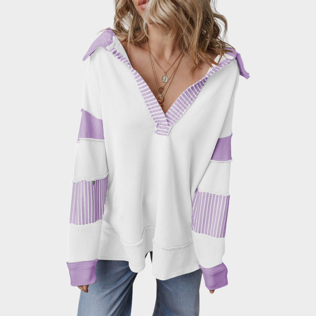 Women’s Knit Sweatshirt V Neck Striped Design