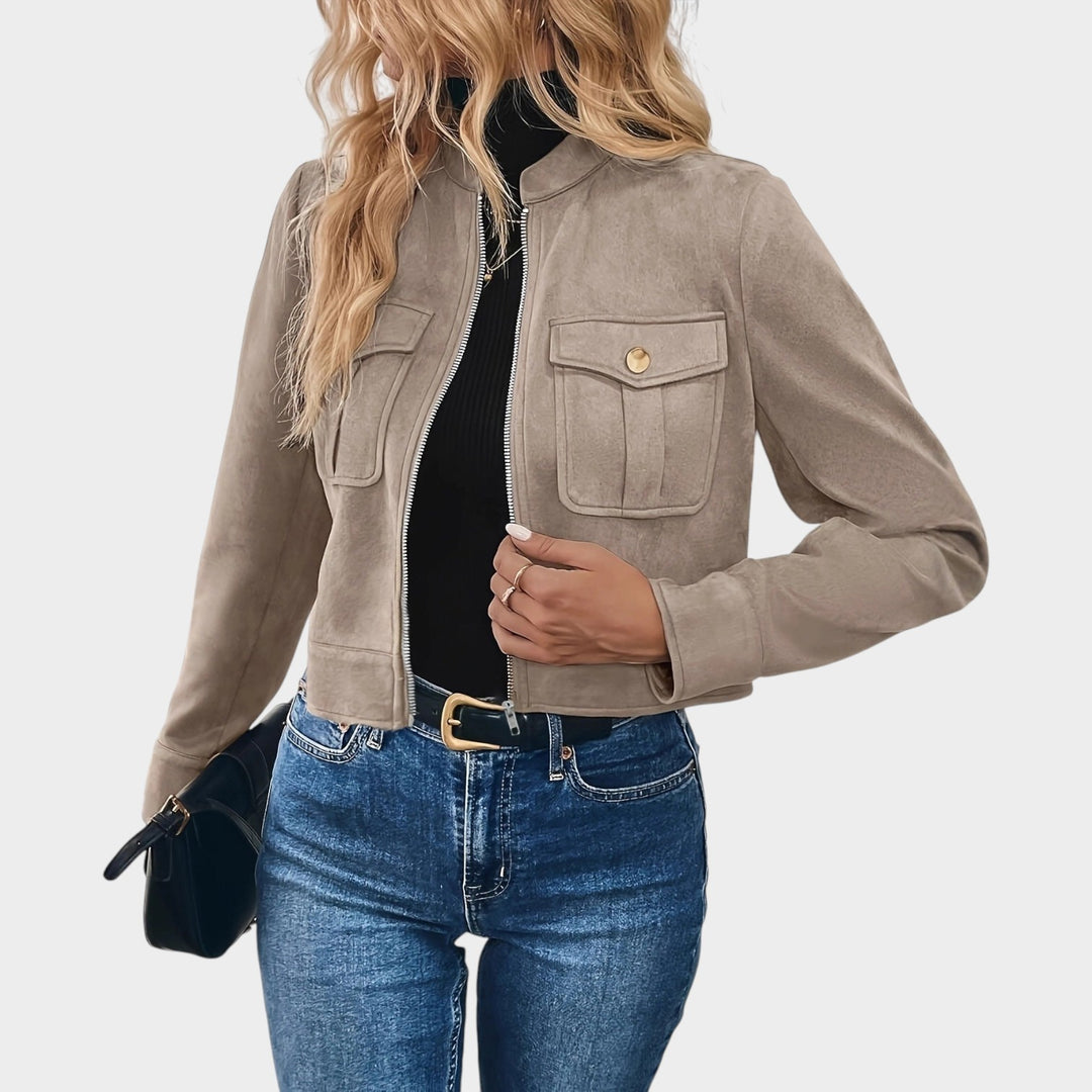 Women’s Suede Cropped Jacket with Zip-Front Closure