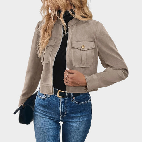 Women’s Suede Cropped Jacket with Zip-Front Closure