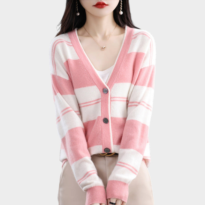 Women’s Knit Cardigan Block Stripe V Neck
